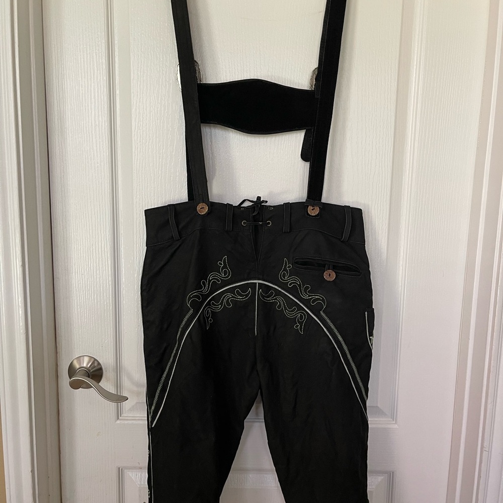 Lammberg Leather Black Embroidered Lederhosen-Style Suspender Pants - Picture 2 of 8
